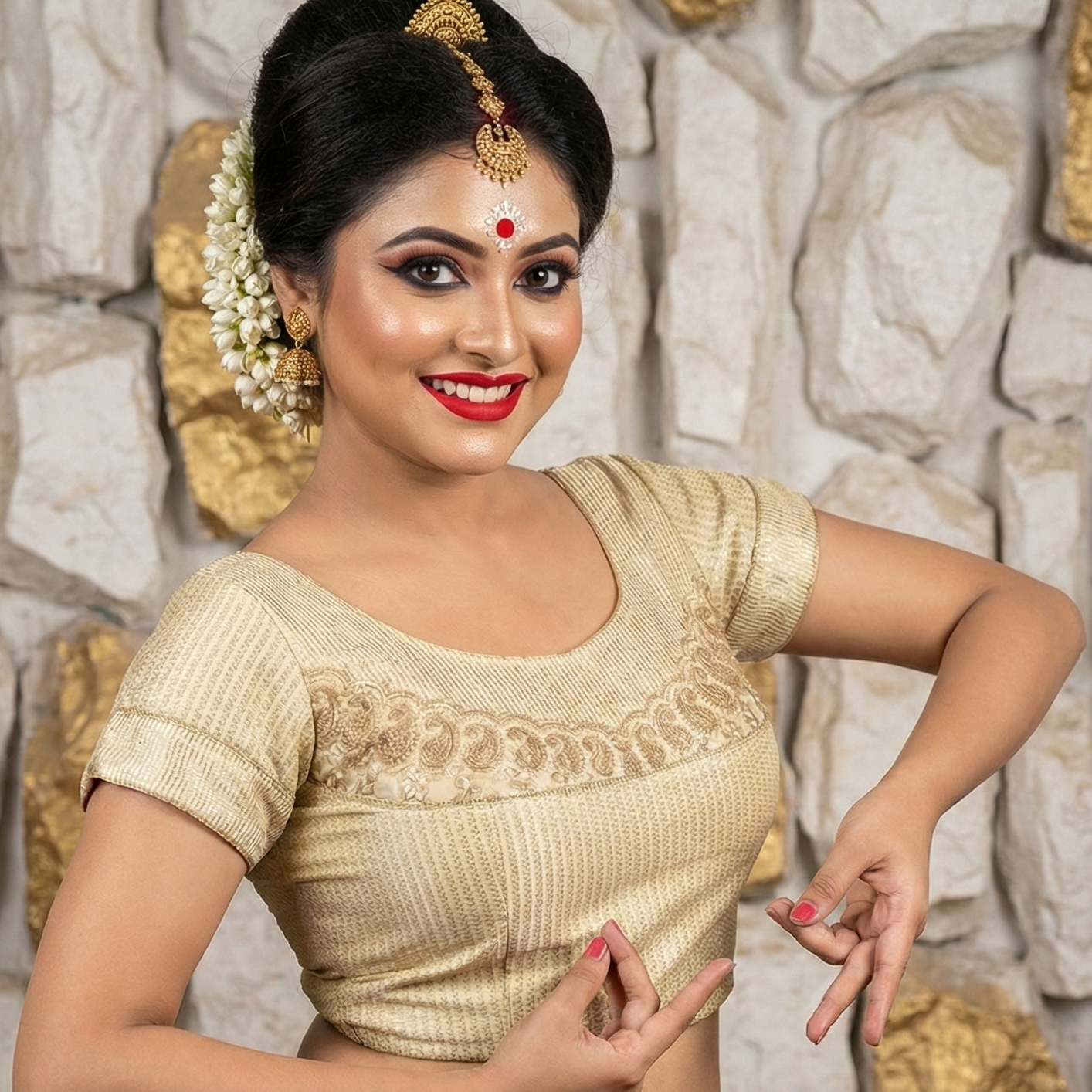 Whitish Golden Zari Kolka Embroidered Blouse | Blended Cotton Silk - Readymade