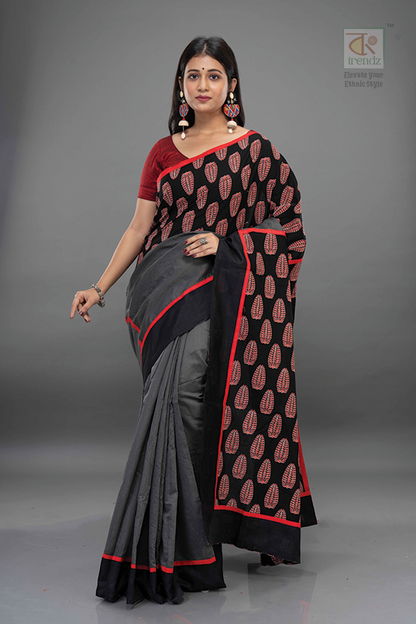 Ajrakh Inspired Cotton Handloom Saree – Grey Black Dual Tone with Stitched Design | Bong Trendz