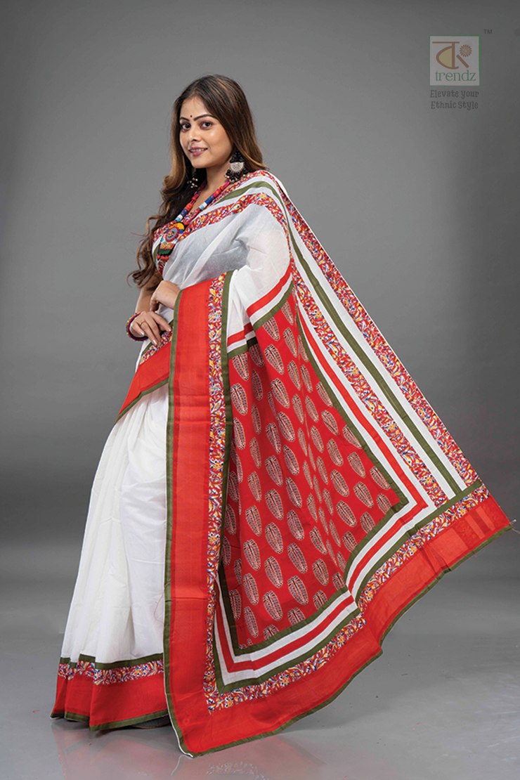 Ajrakh Inspired Cotton Handloom Saree – Stitched Design Detail View 2 | Bong Trendz