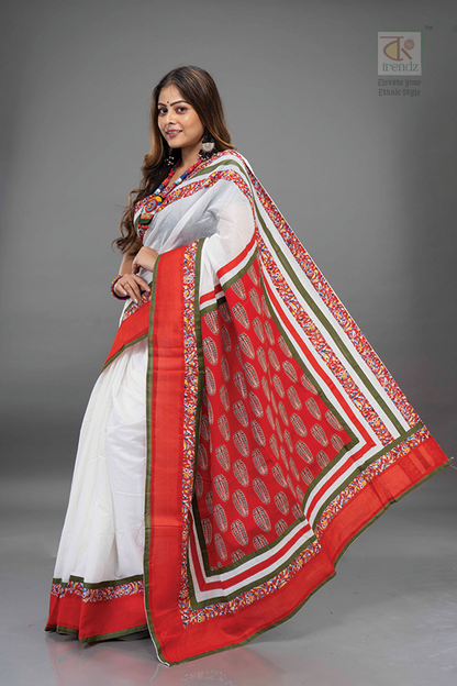 Ajrakh Inspired Cotton Handloom Saree – Stitched Design Detail View 2 | Bong Trendz