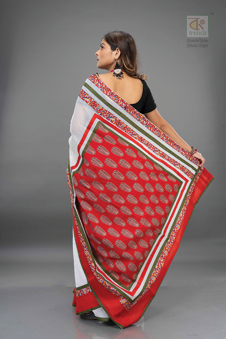 Ajrakh Inspired Cotton Handloom Saree – Stitched Design Detail View 3 | Bong Trendz