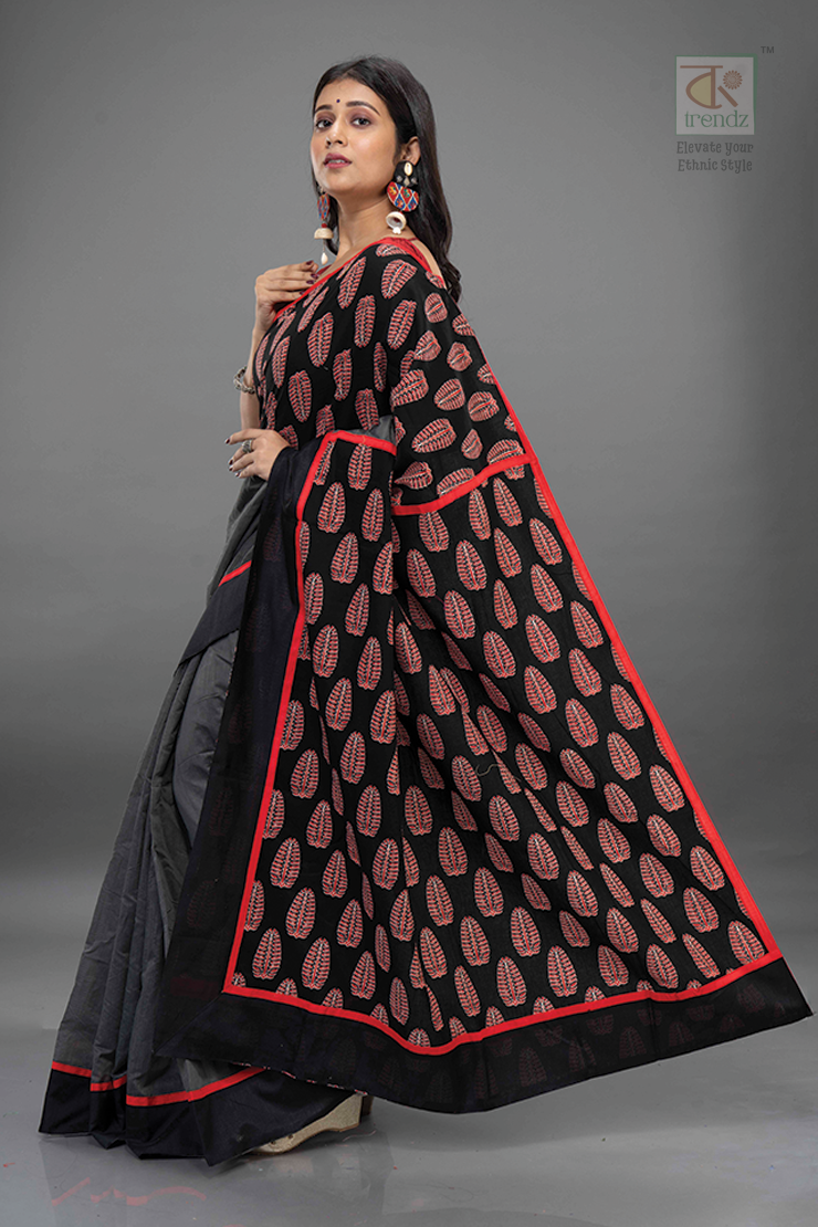 Ajrakh Inspired Cotton Handloom Saree – Stitched Design Detail View 5 | Bong Trendz