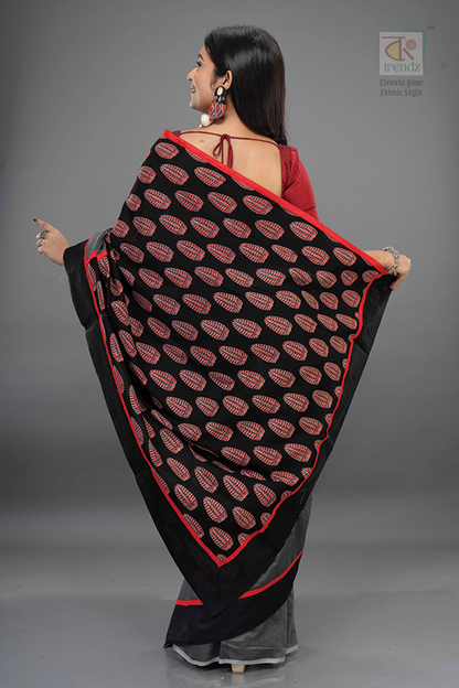 Ajrakh Inspired Cotton Handloom Saree – Stitched Design Detail View 6 | Bong Trendz