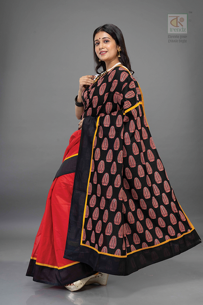 Ajrakh Inspired Cotton Handloom Saree – Drape View 8 | Bong Trendz