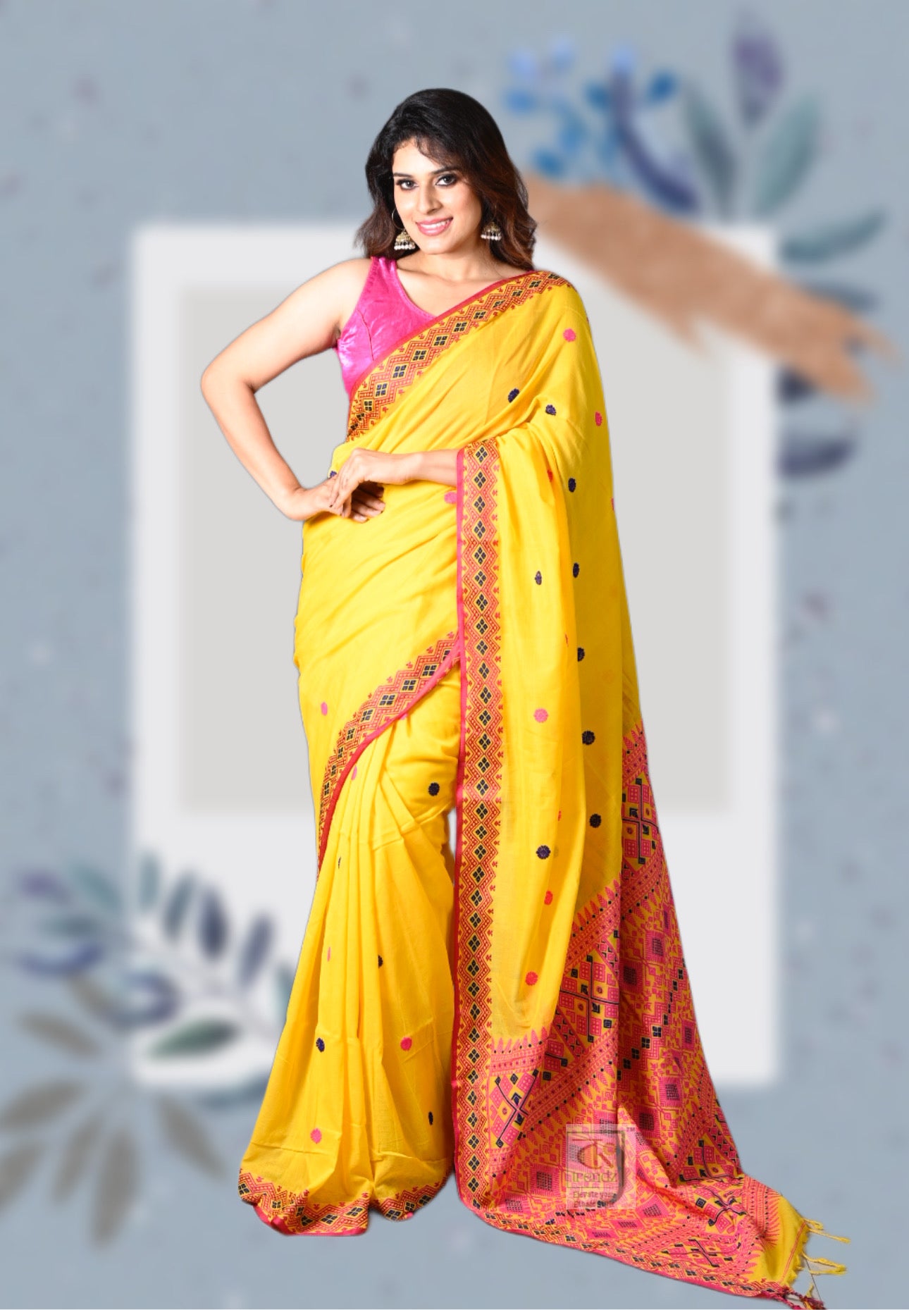 Assam Cotton Saree – Yellow | Bong Trendz