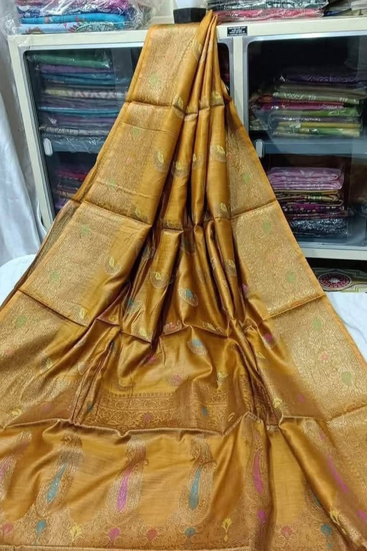 Banarasi Pure Tussar Munga Silk Saree With Zari Buti Weave in Golden Mustard with blouse piece - Bong Trendz