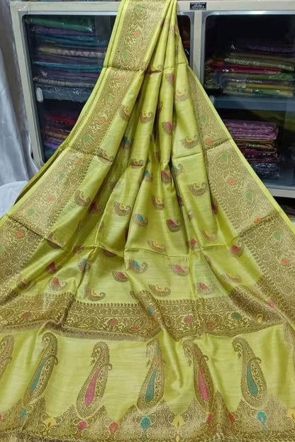 Banarasi Pure Tussar Munga Silk Saree With Zari Buti Weave in Lime Green with blouse piece - Bong Trendz