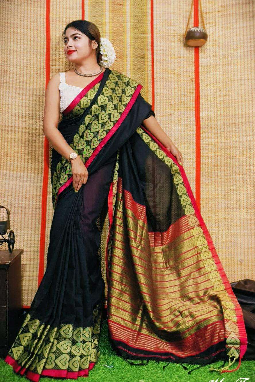 Beautiful Love Border Handloom Cotton Saree – Black | Bengali Handloom | Bong Trendz
