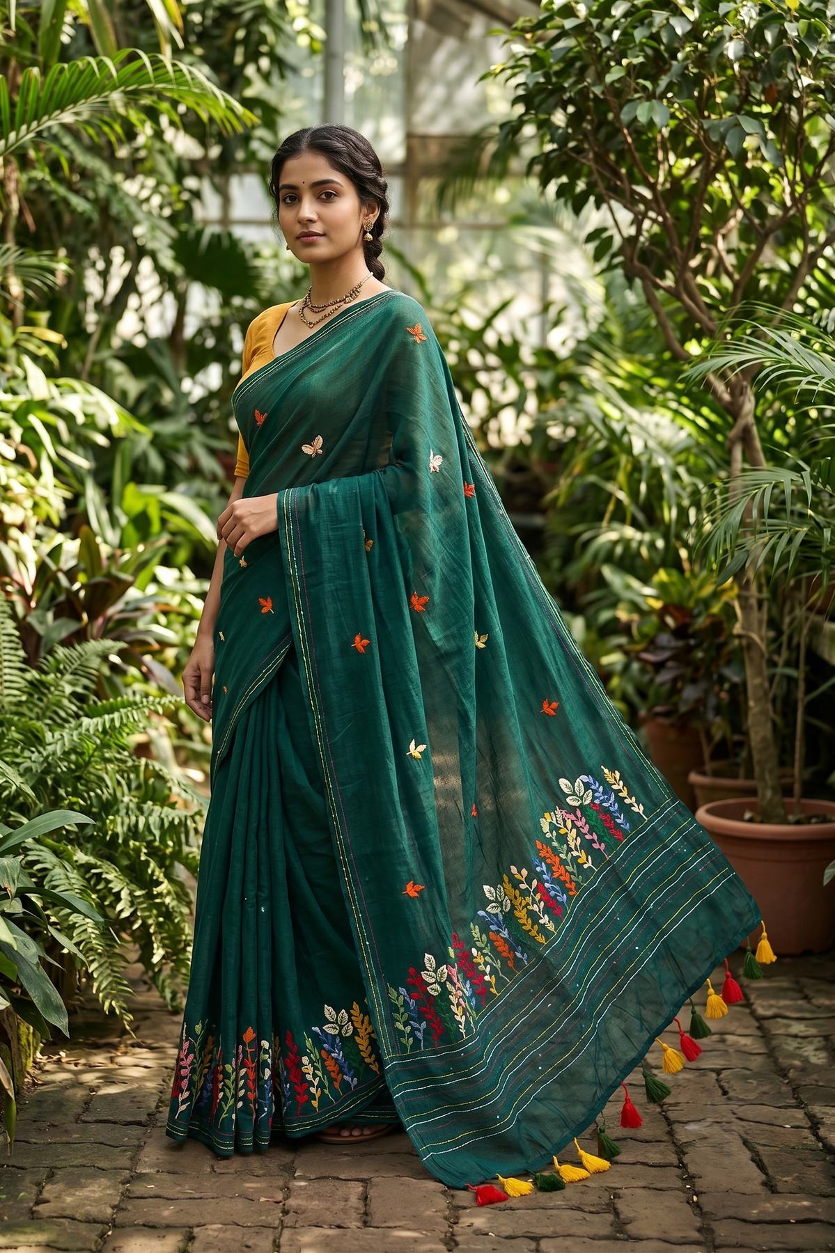 Woman wearing bottle green Belpotra pure mul cotton saree with bullion stitch bael leaf embroidery in a garden setting