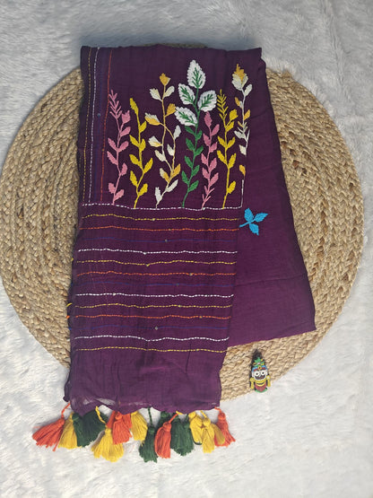 Purple Belpotra pure mul cotton saree flatlay with bullion stitch bael leaf embroidery and colourful tassels