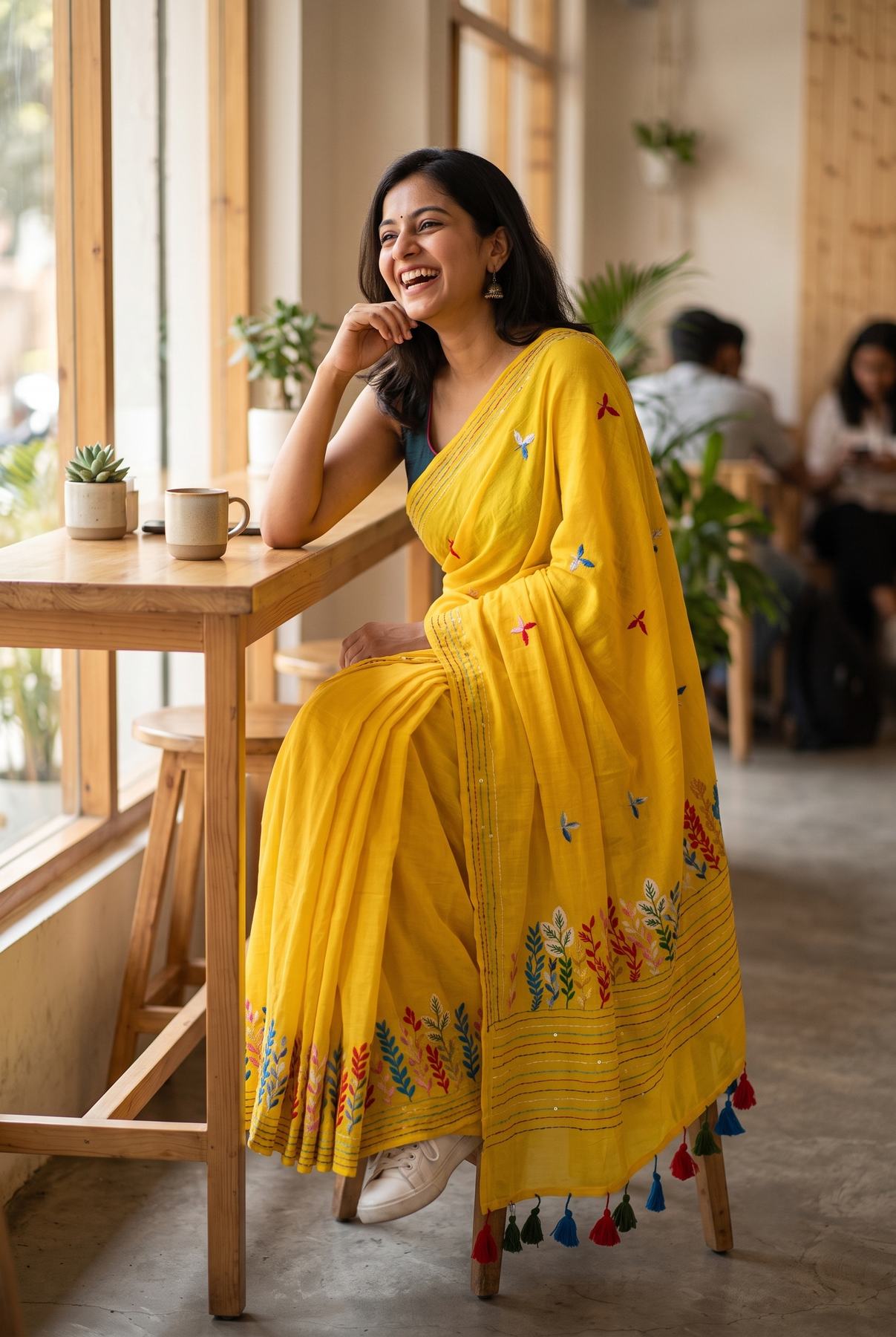 Woman wearing yellow Belpotra pure mul cotton saree with bullion stitch bael leaf embroidery, styled at a cafe