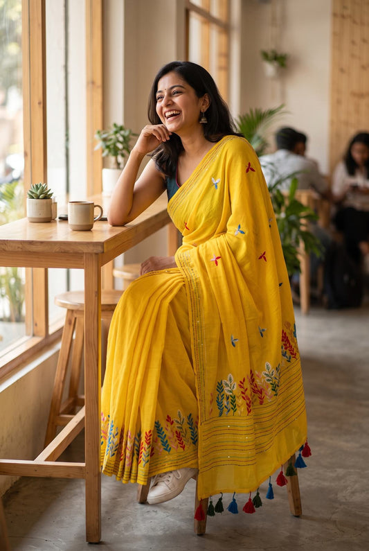 Woman wearing yellow Belpotra pure mul cotton saree with bullion stitch bael leaf embroidery, styled at a cafe