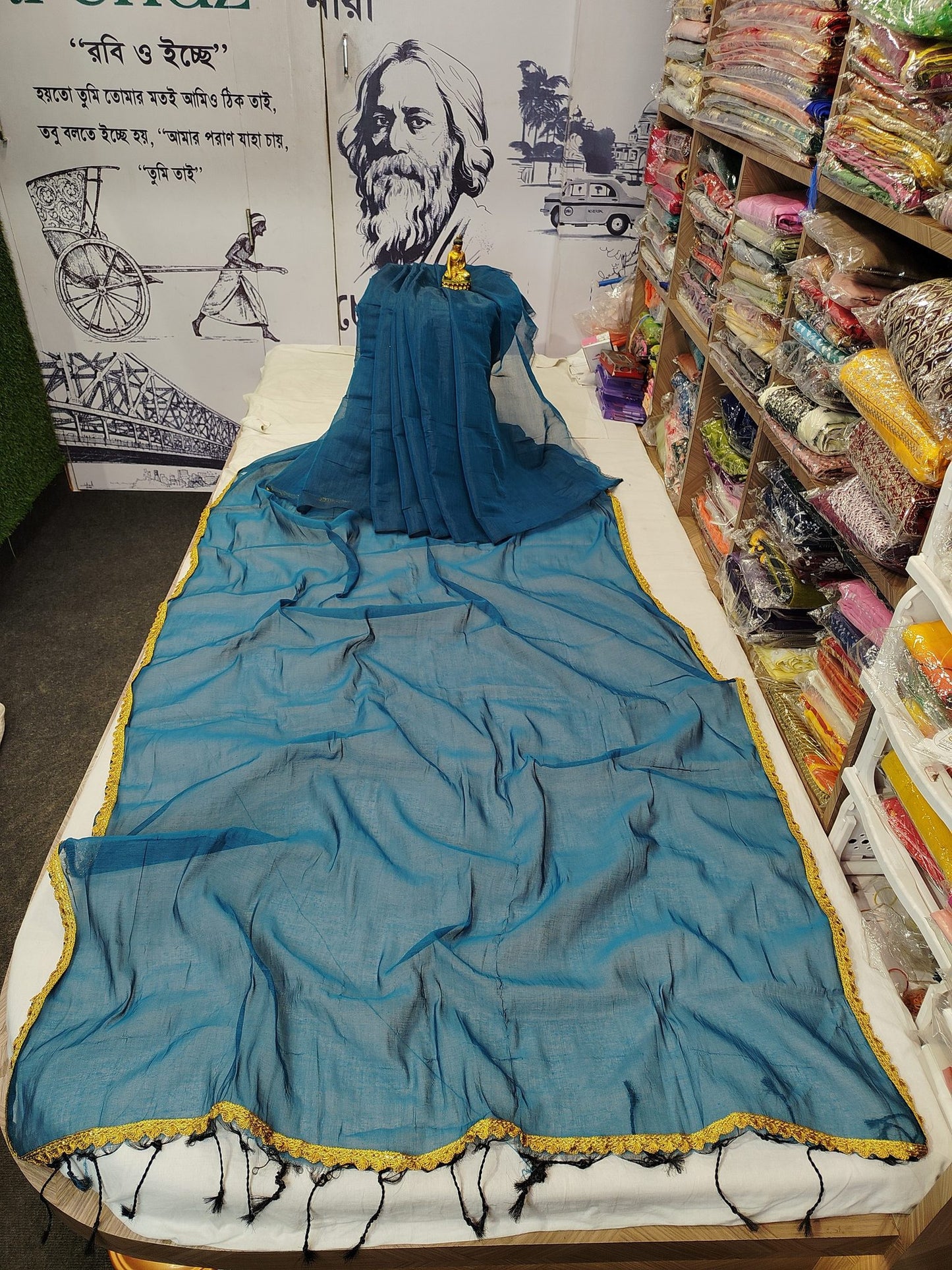 Exclusive New Trending Raga Tissue Less Border Saree (With Blouse Piece) in Blue with blouse piece - Bong Trendz - view 5