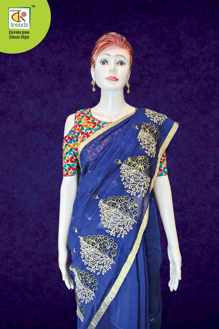 Briksham Cotton Handloom Embroidered Saree – Denim Blue | Bengali Handloom | Bong Trendz