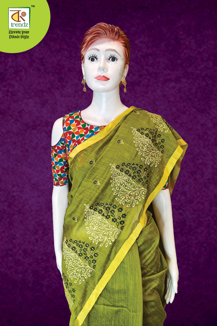 Briksham Cotton Handloom Embroidered Saree – Green | Bengali Handloom | Bong Trendz