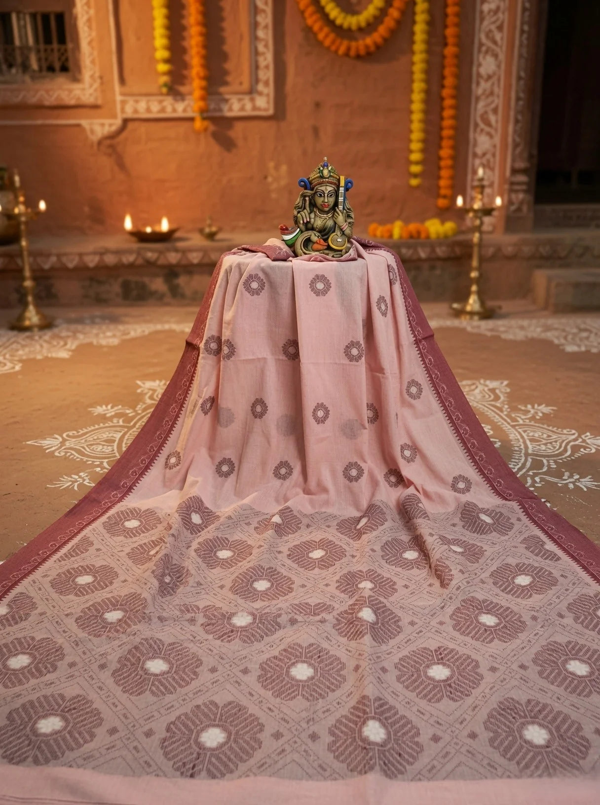 Pure Cotton Handloom Jamdani Saree – Santipur Fulia Weave with Authentic Handloom Mark