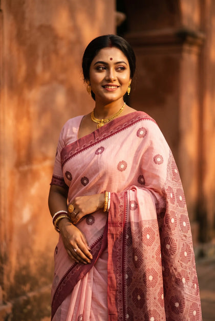Pure cotton handloom Jamdani saree in Dusty Rose with Maroon border - full front drape, Santipur-Fulia weave