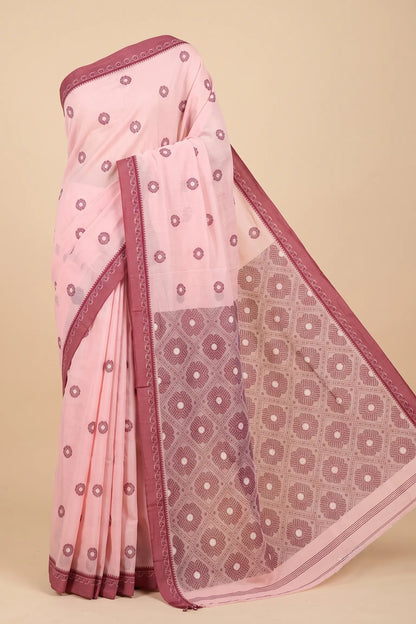 Side drape view of Dusty Rose Jamdani handloom cotton saree with maroon border, featherlight fall