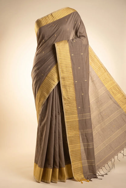 Noyontara pure cotton handloom saree, Brown with Golden Kajur Chhari border, Santipur Nadia weave - side drape
