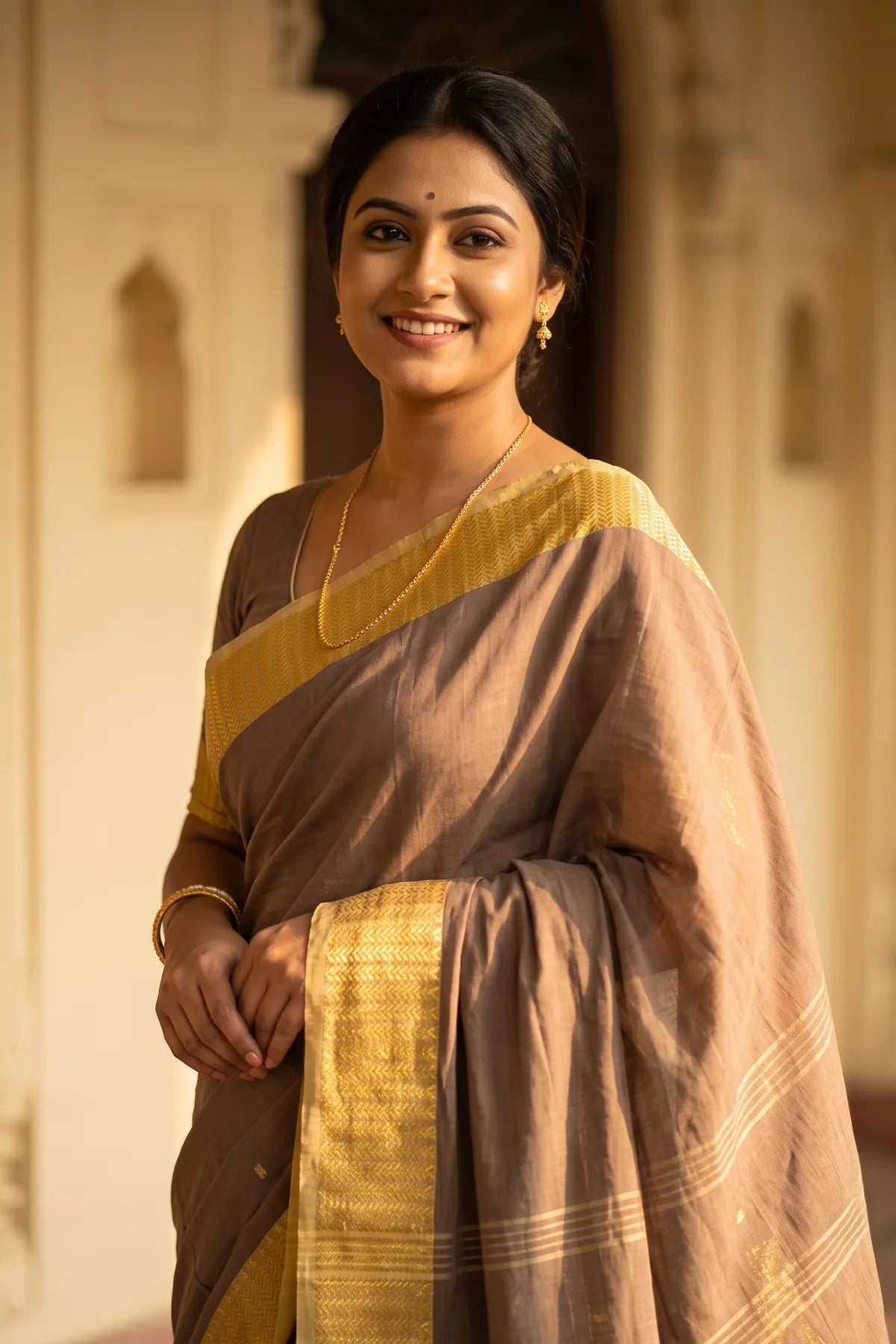 Noyontara handloom cotton saree in Brown with Golden Kajur Chhari border, close-up portrait with gold jewellery