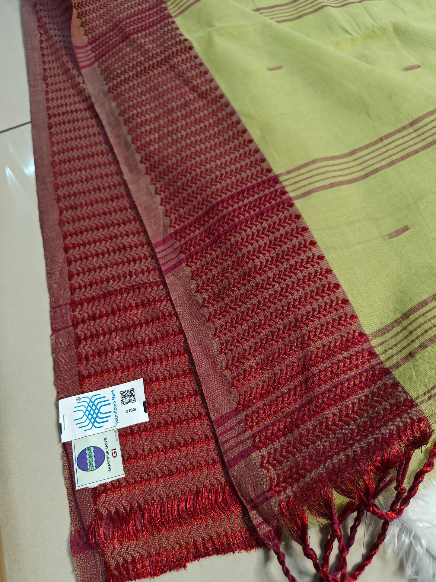 Noyontara Pure Cotton Handloom Saree – Kajur Chhari Border, Santipur Nadia Weave with GI Tag & Handloom Mark
