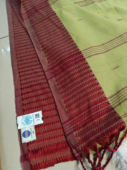 Noyontara Pure Cotton Handloom Saree – Kajur Chhari Border, Santipur Nadia Weave with GI Tag & Handloom Mark