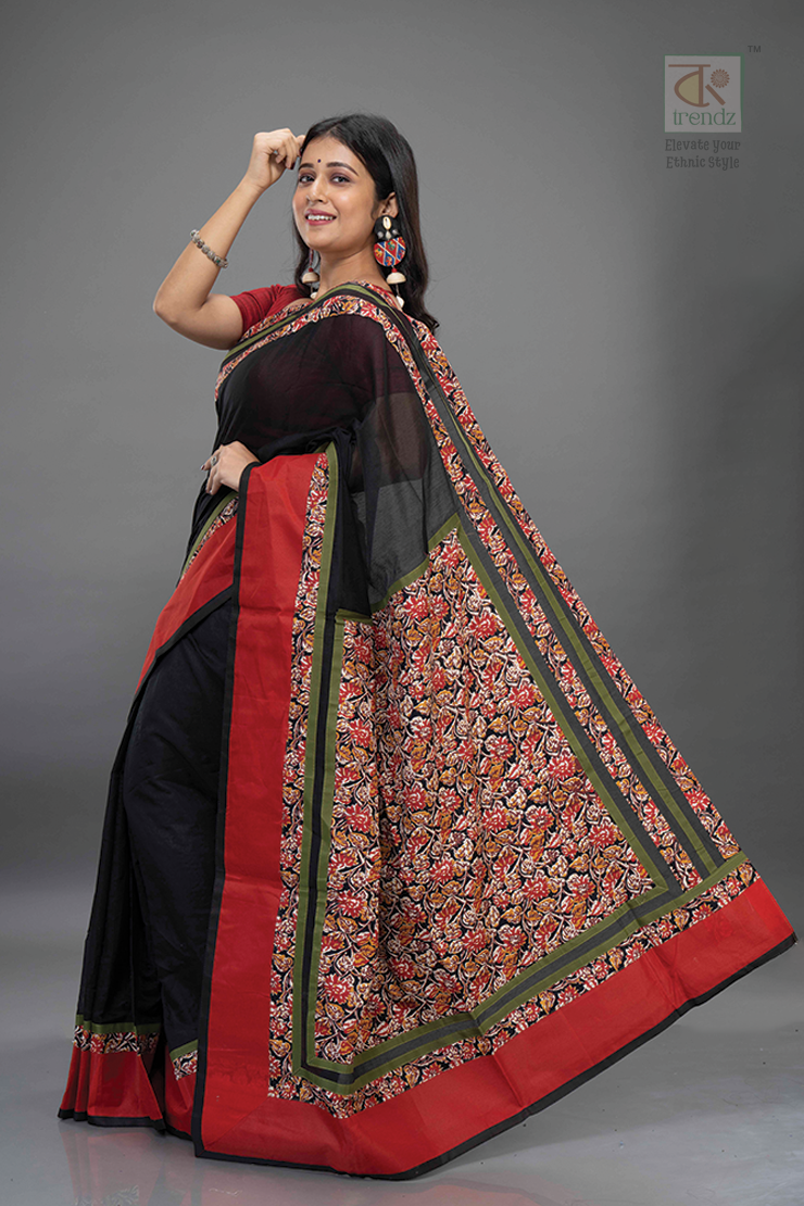 Designer Kalamkari Boutique Printed Saree – Black Side View | Kalamkari Saree Online | Bong Trendz