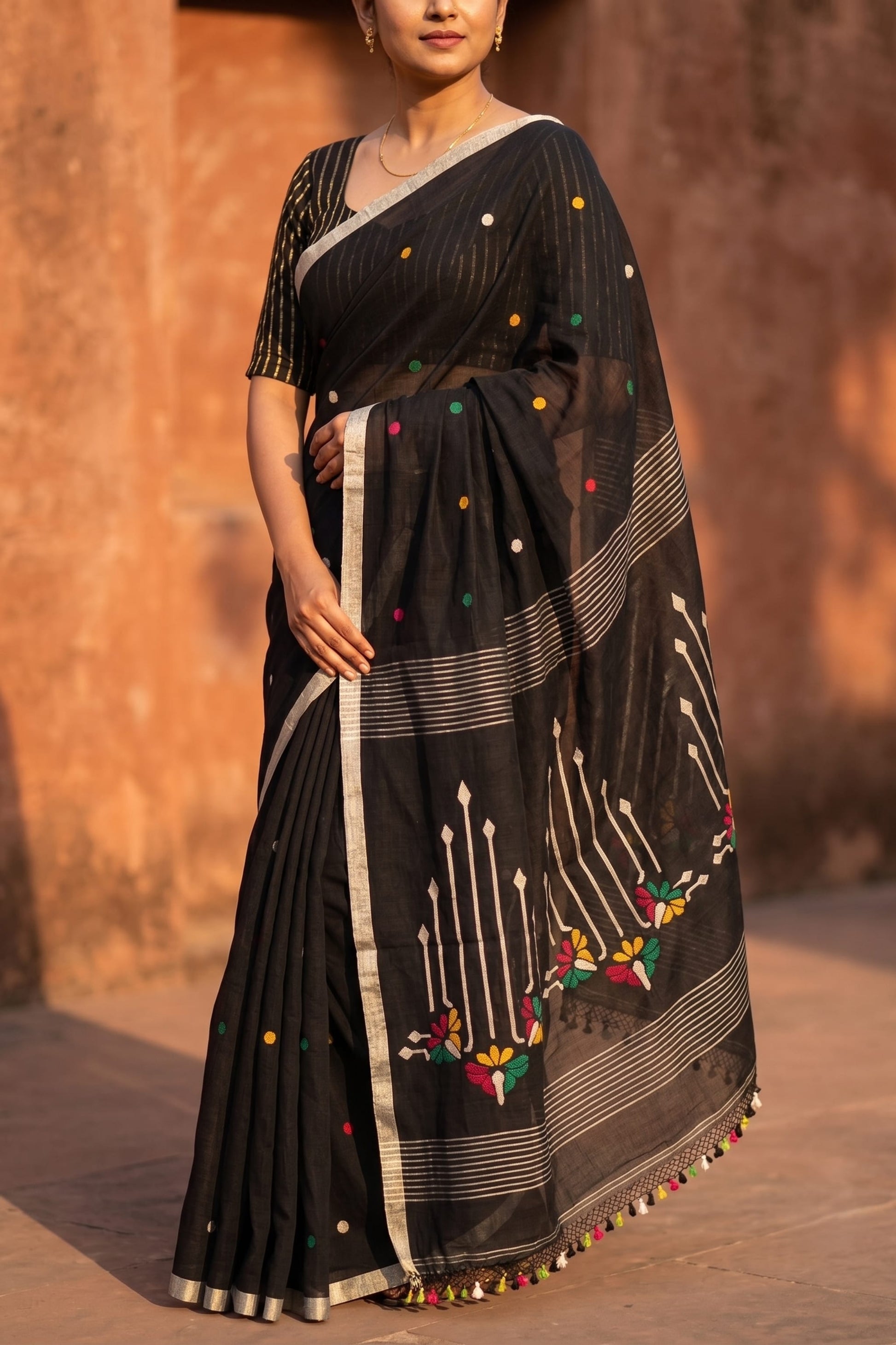 Black Dhaner Shish Tangail Jamdani pure cotton handloom saree with silver zari border – front drape