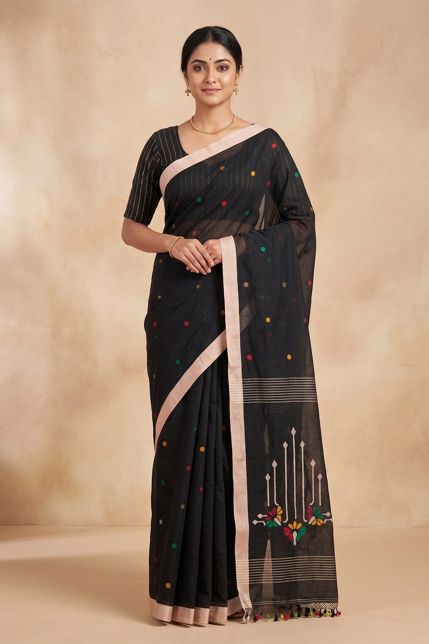 Black Tangail Jamdani cotton saree – woven multicolour buti and paddy-sheaf pallu detail