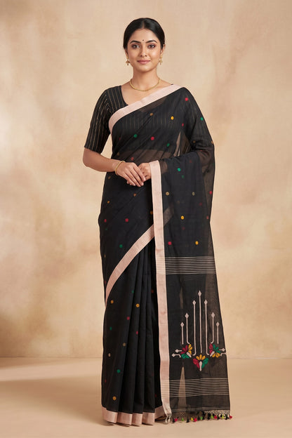 Black Tangail Jamdani cotton saree – woven multicolour buti and paddy-sheaf pallu detail