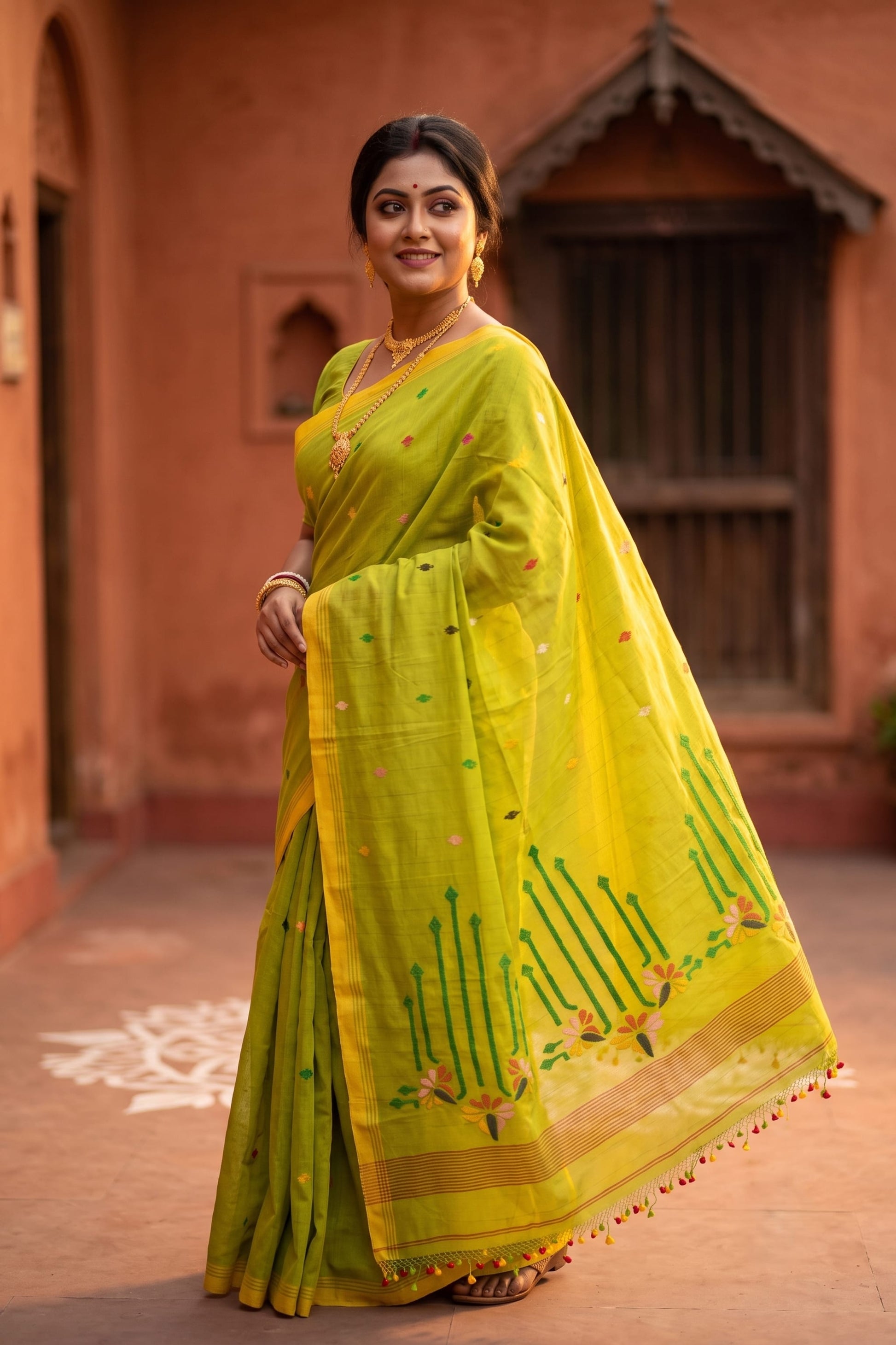Green Tangail Jamdani cotton saree – woven buti and paddy-sheaf pallu detail