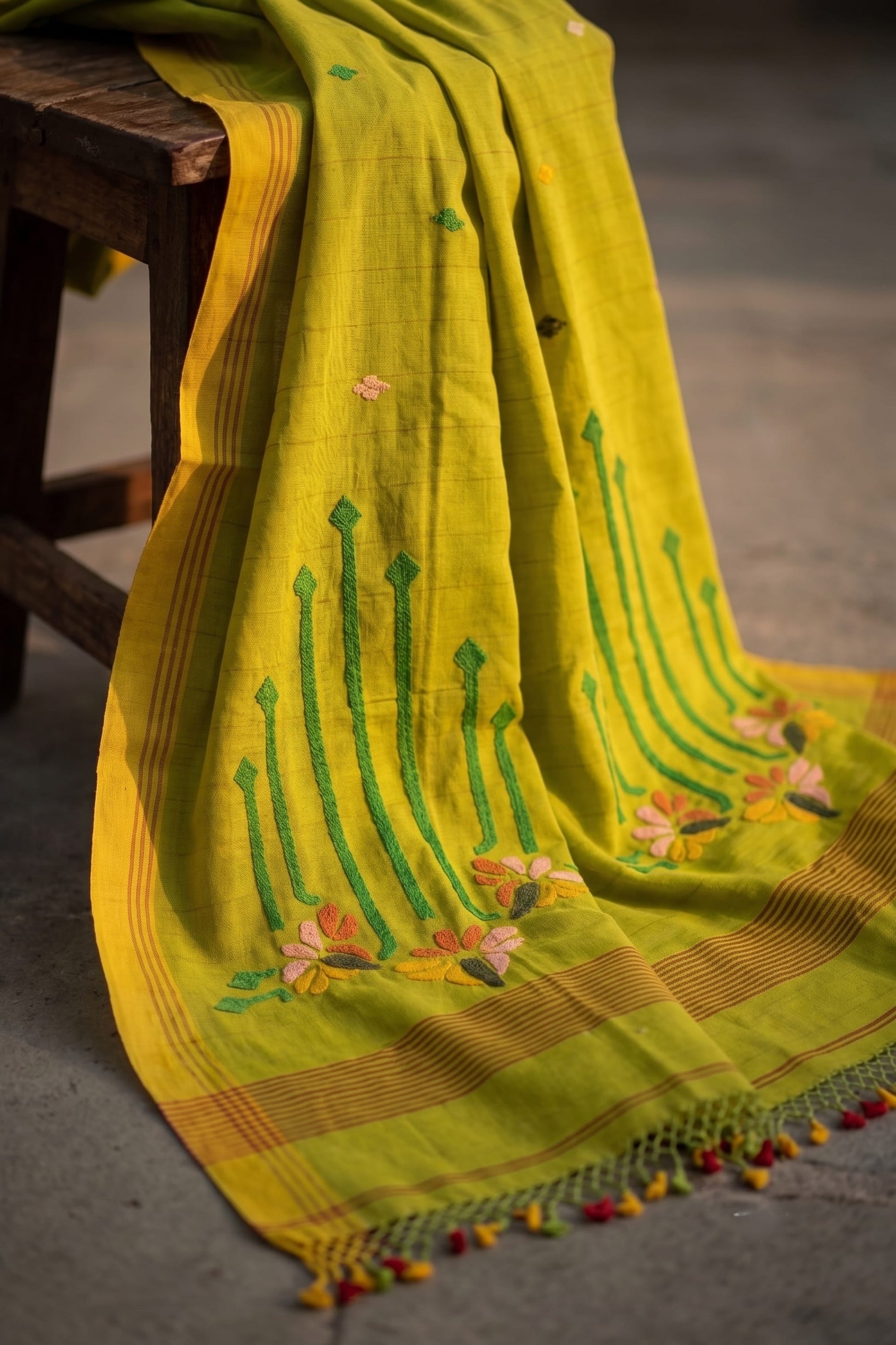 Green Dhaner Shish Jamdani cotton saree – anchal and tassel close-up