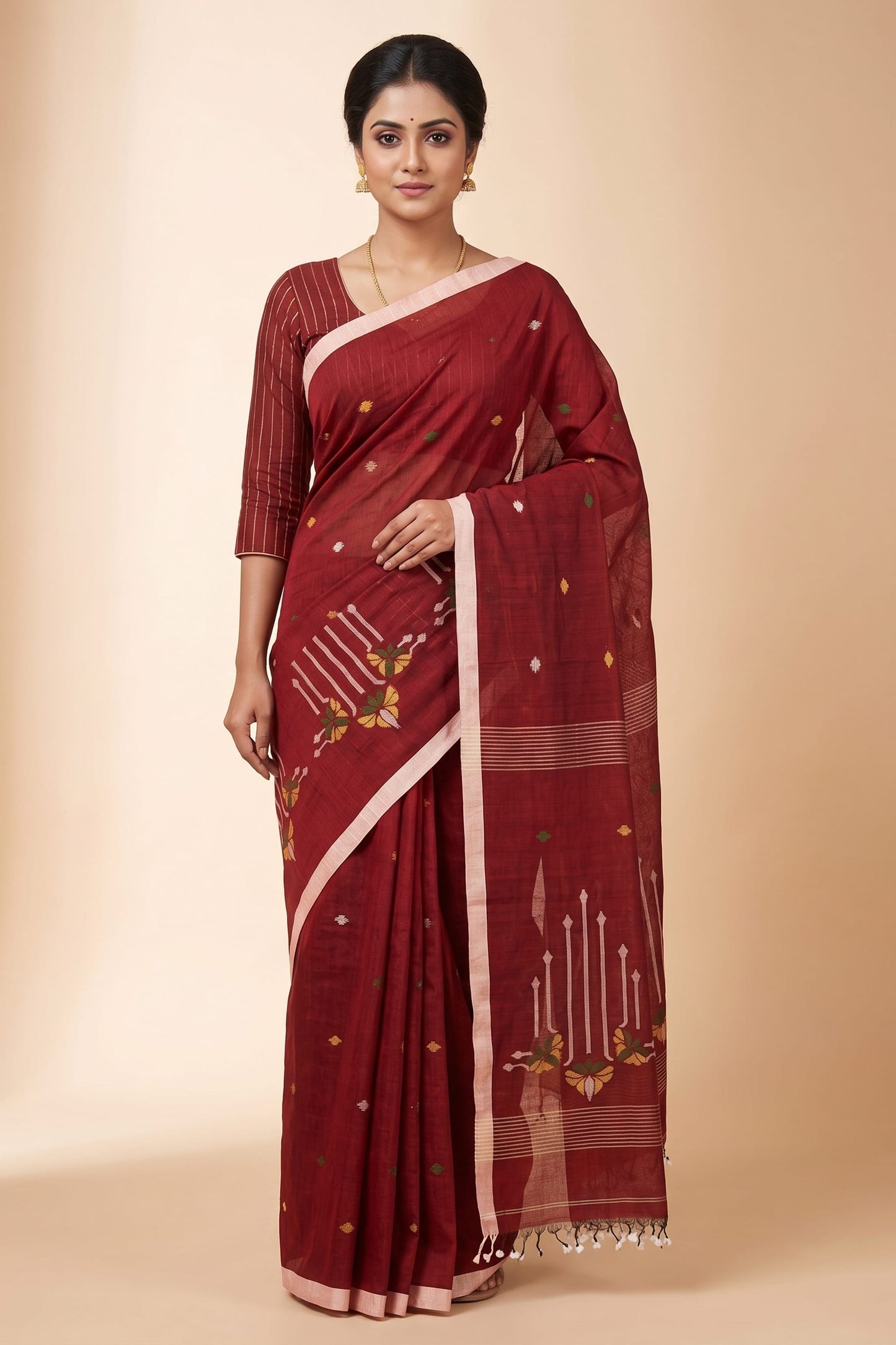 Maroon Dhaner Shish Tangail Jamdani cotton handloom saree with silver border – front drape