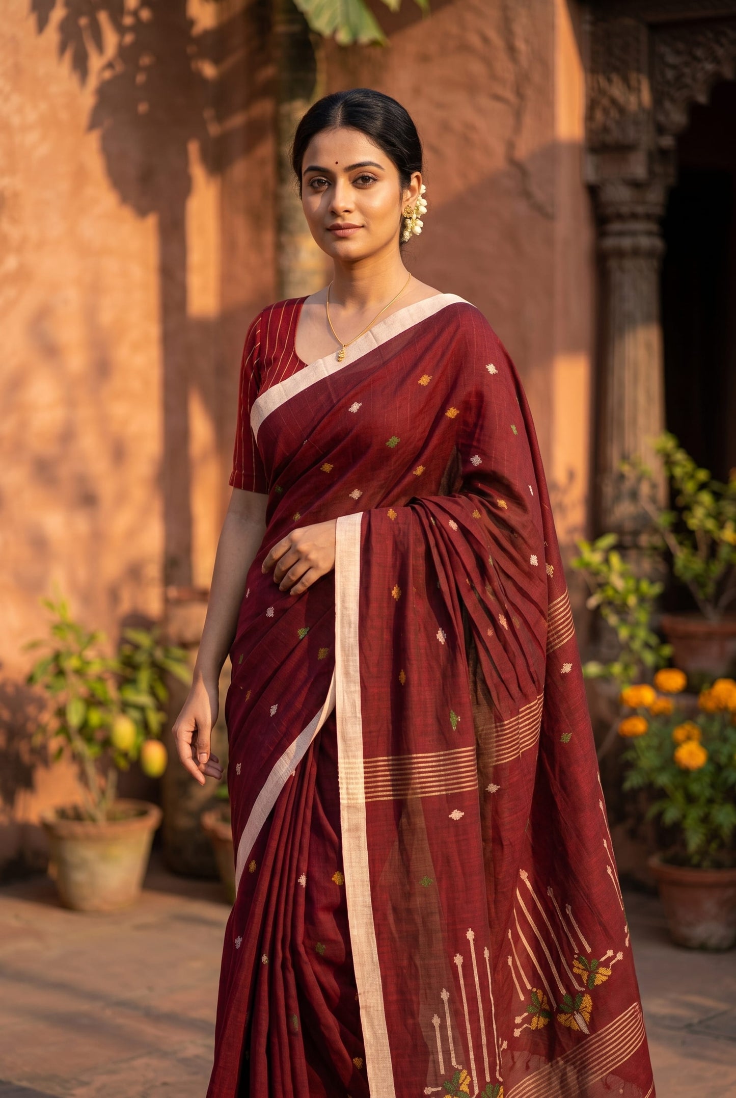 Maroon Tangail Jamdani cotton saree – woven multicolour buti detail