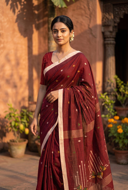Maroon Tangail Jamdani cotton saree – woven multicolour buti detail