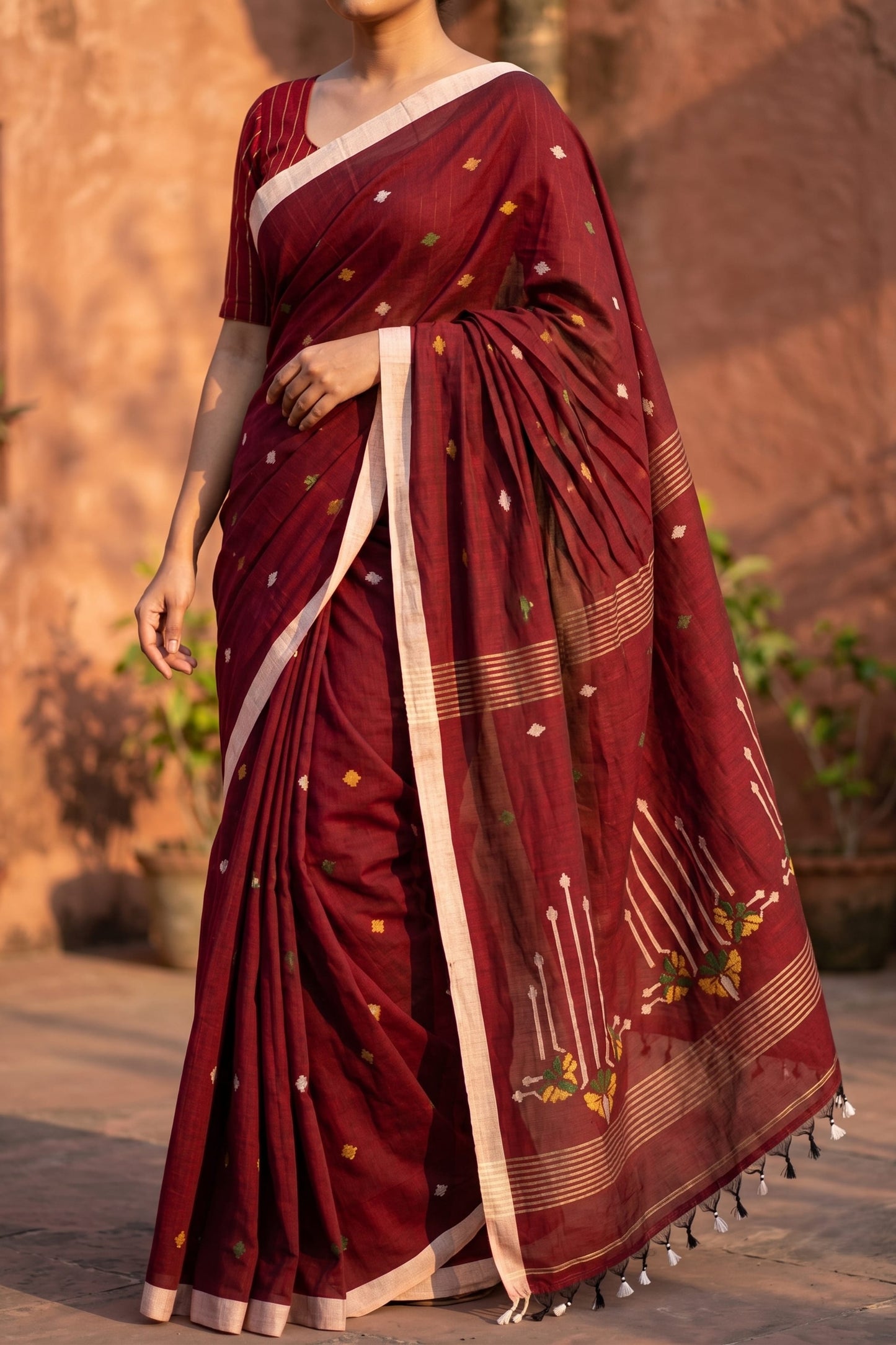 Maroon handloom cotton Jamdani saree – paddy-sheaf pallu close-up