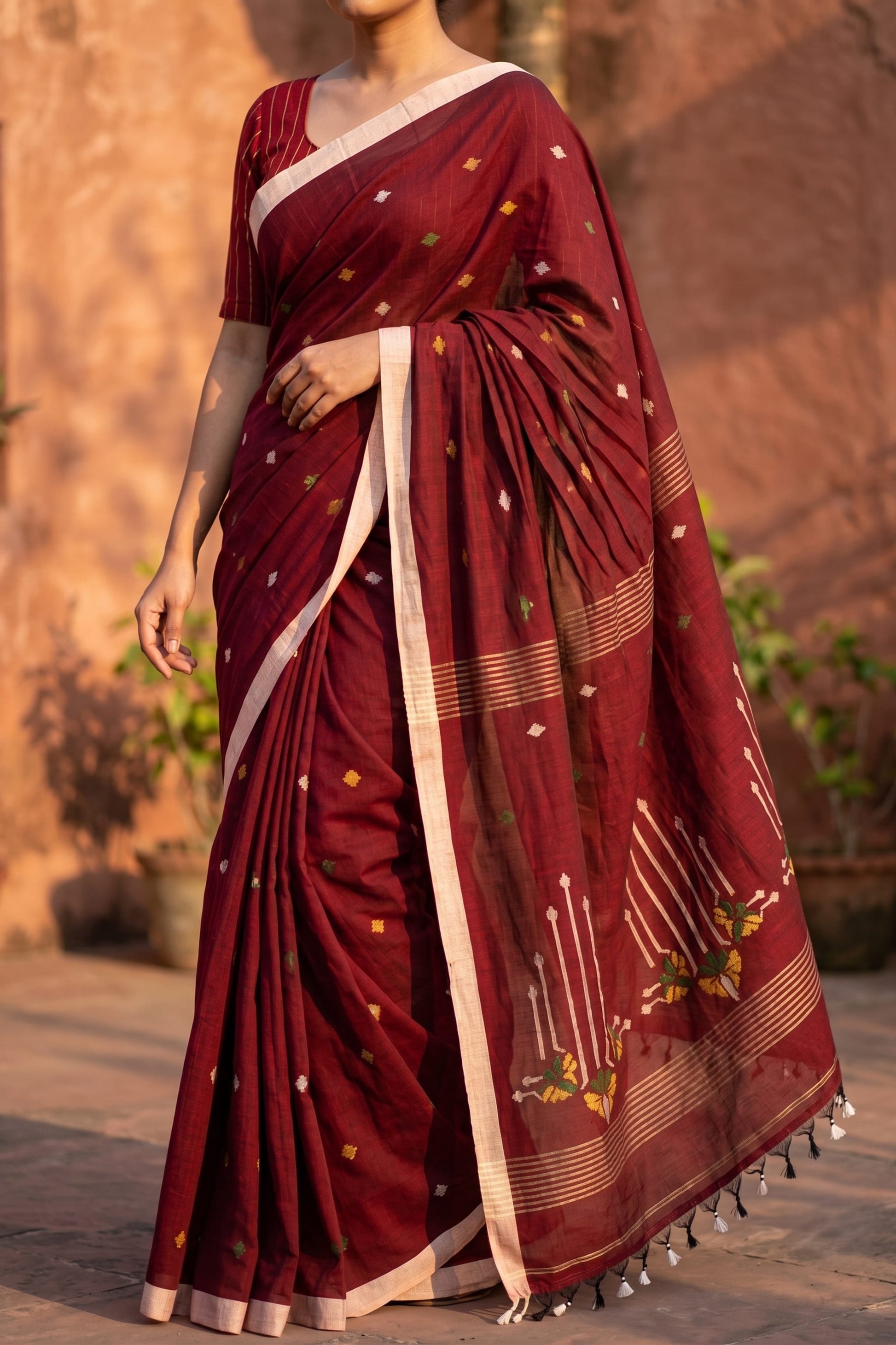 Maroon handloom cotton Jamdani saree – paddy-sheaf pallu close-up