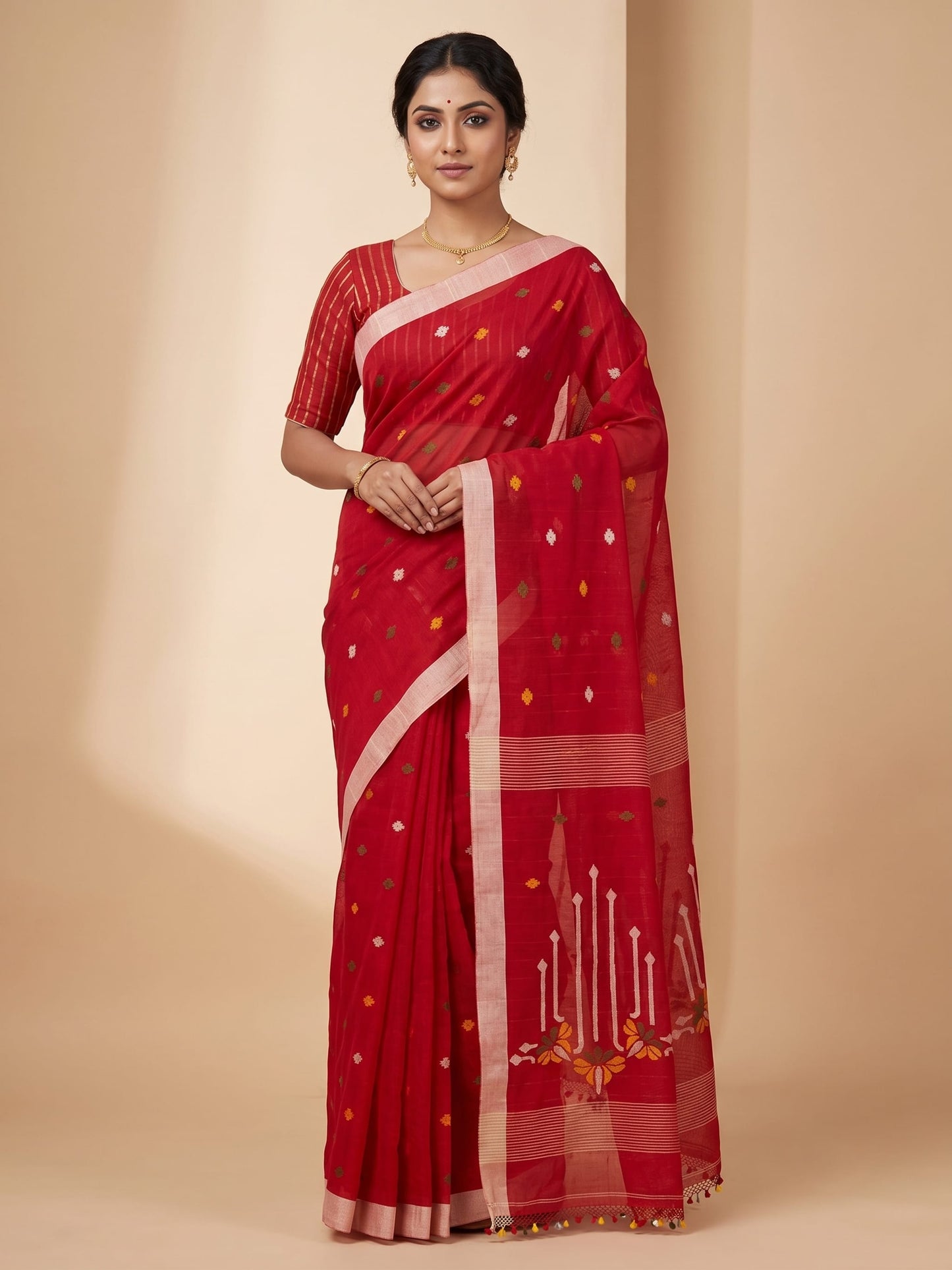 Red Dhaner Shish Tangail Jamdani cotton handloom saree with silver border – front view