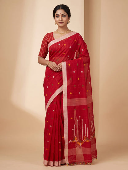 Red Dhaner Shish Tangail Jamdani cotton handloom saree with silver border – front view