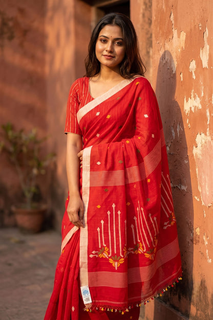 Red Tangail Jamdani cotton saree – woven buti and paddy-sheaf pallu detail