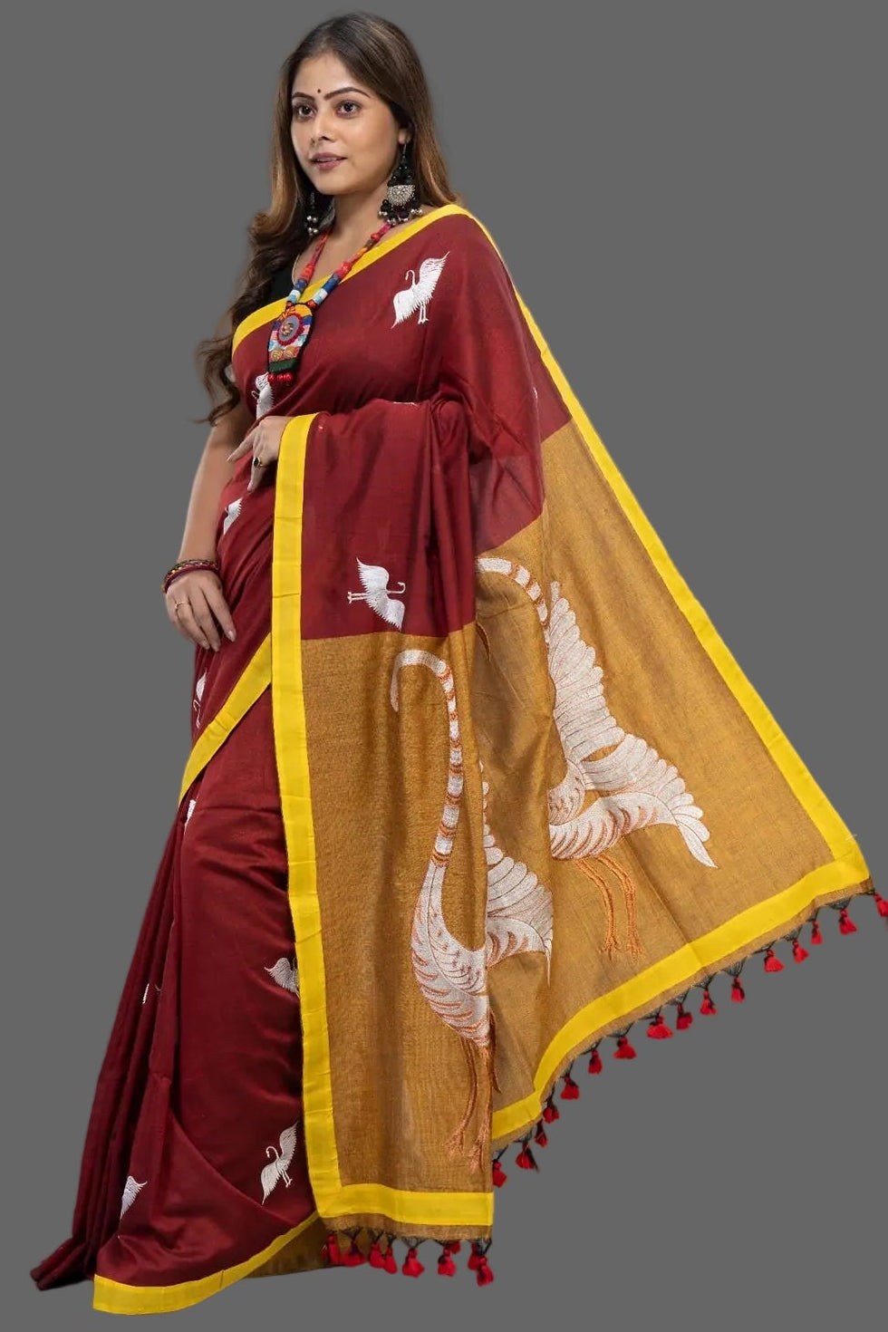 Dual Color Hansa Boutique Saree – Red-Orange Side View | Boutique Saree Online | Bong Trendz