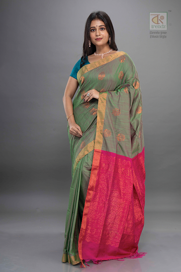 Dual Tone Gadwal Cotton Silk Saree – Fern Green | Gadwal Silk Saree Online | Bong Trendz