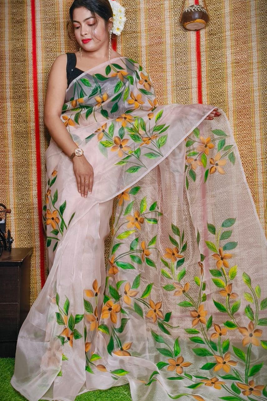 Organza Silk Hand painted saree