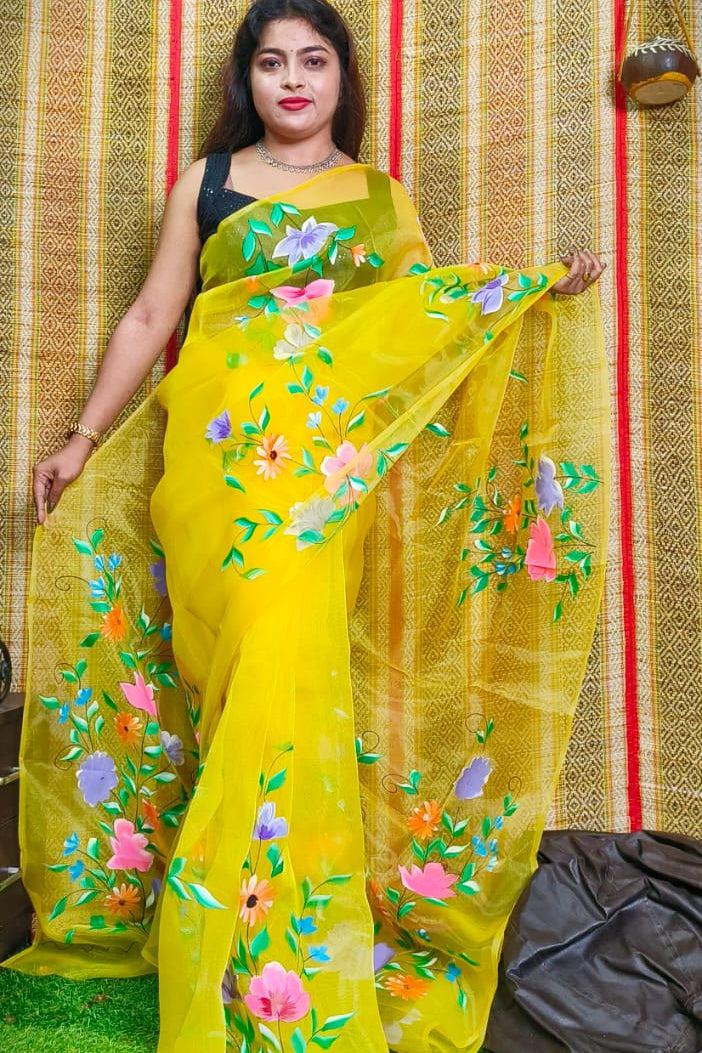 Organza Silk Hand painted saree