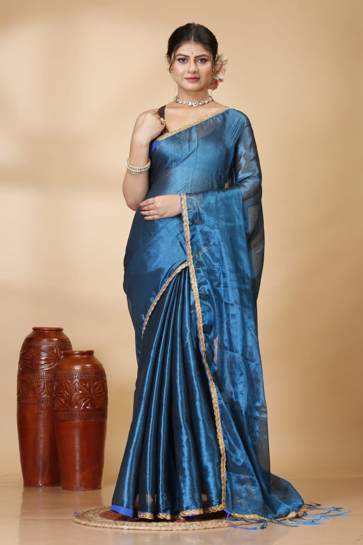 Exclusive New Trending Raga Tissue Less Border Saree (With Blouse Piece) in Blue with blouse piece - Bong Trendz