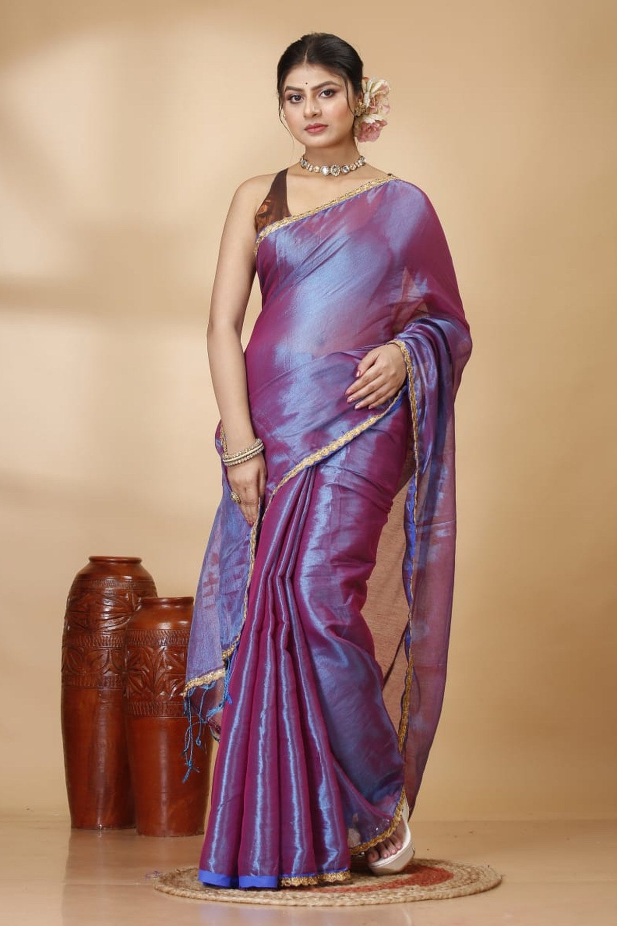 Exclusive New Trending Raga Tissue Less Border Saree (With Blouse Piece) in Purple with blouse piece - Bong Trendz