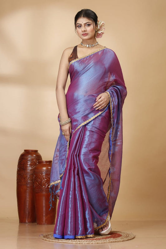 Exclusive New Trending Raga Tissue Less Border Saree (With Blouse Piece) in Purple with blouse piece - Bong Trendz