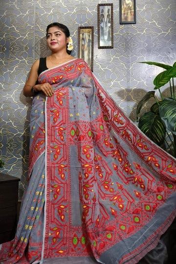 Jamdani Minakari Lata Design Saree – Grey | Bengali Handloom Jamdani | Bong Trendz