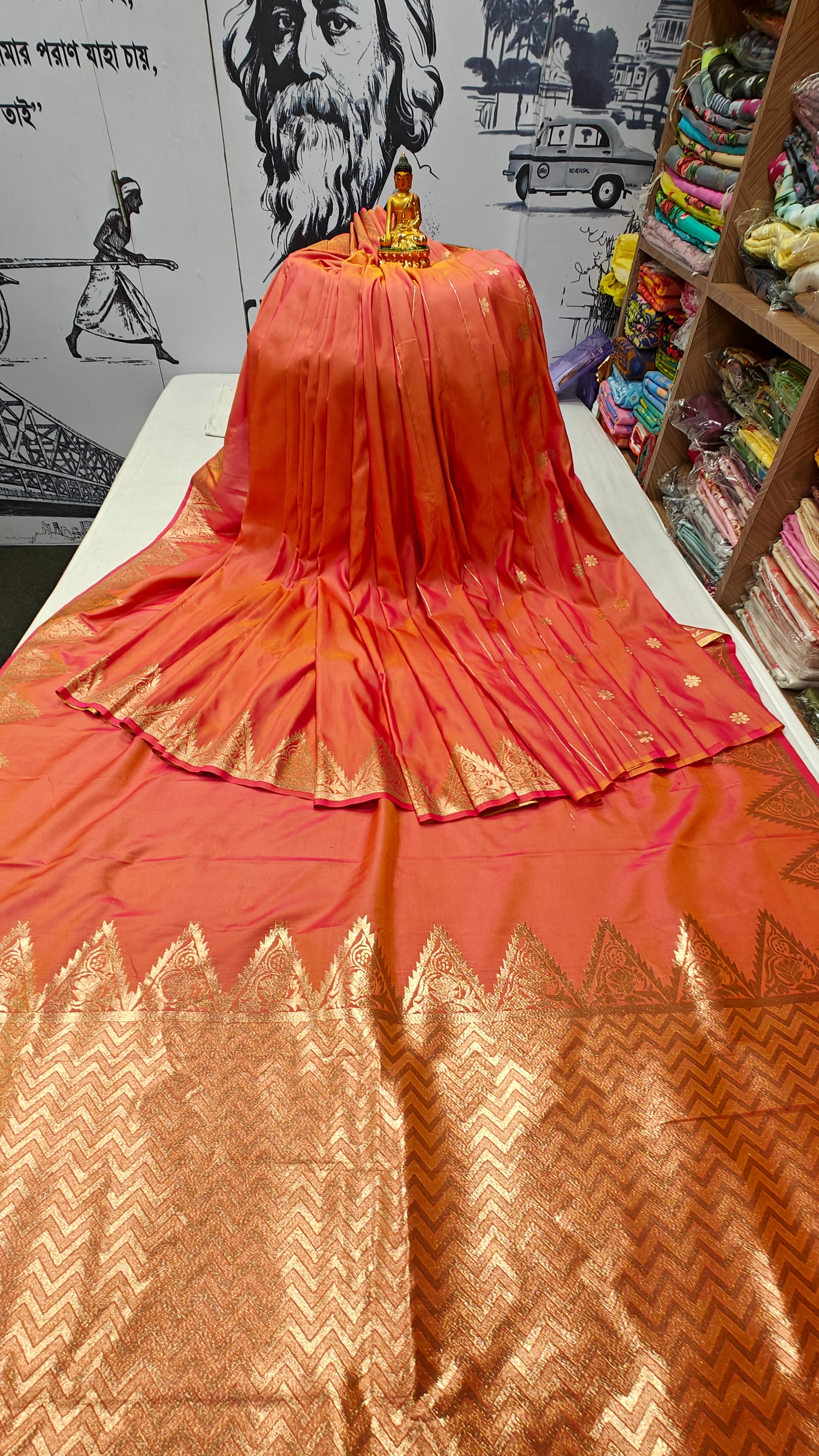 Gala Temple Copper Zari Butter Silk Saree – Olive Side View | Butter Silk Saree | Bong Trendz