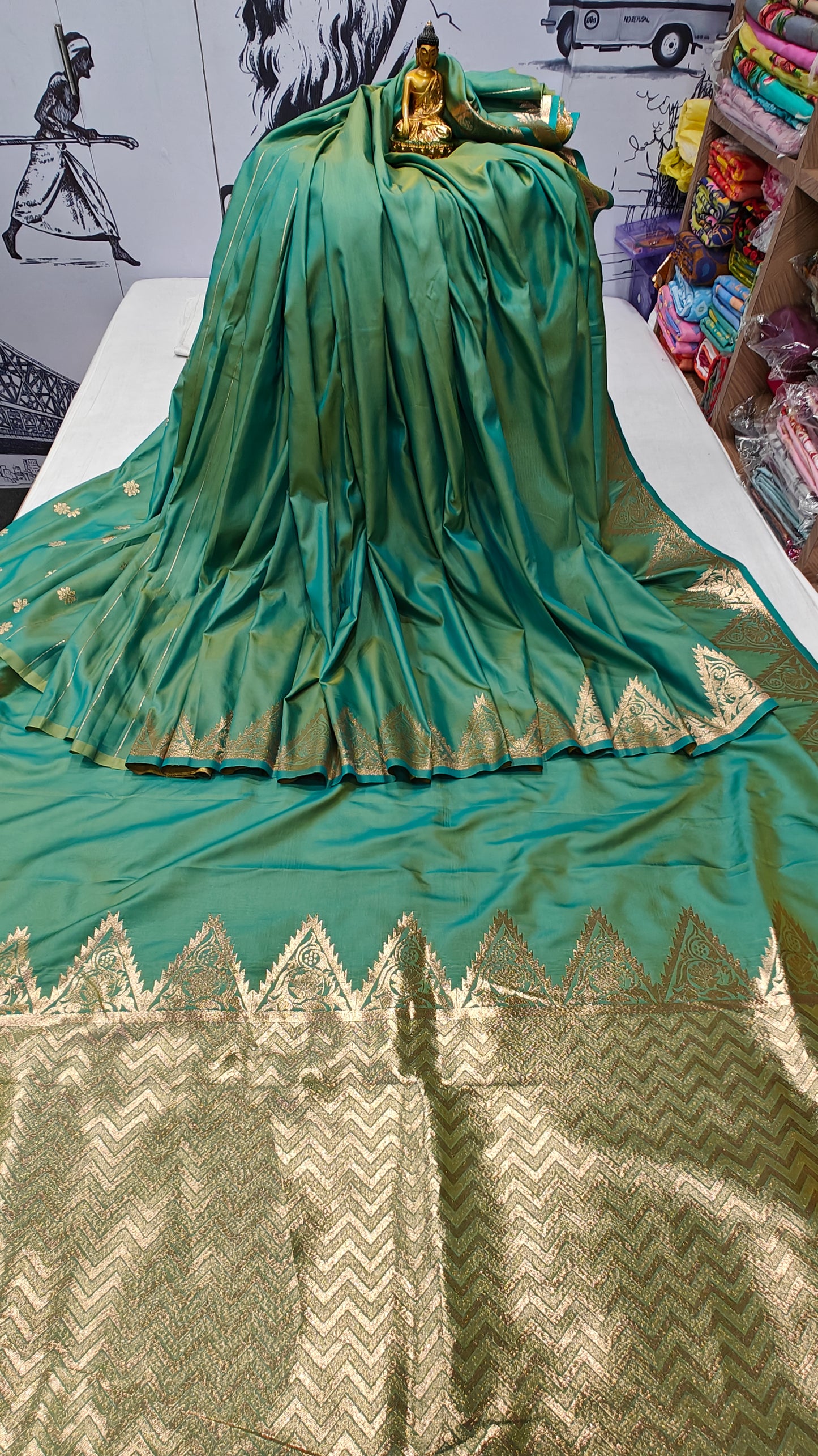 Gala Temple Copper Zari Butter Silk Saree – Olive | Butter Silk Saree | Bong Trendz